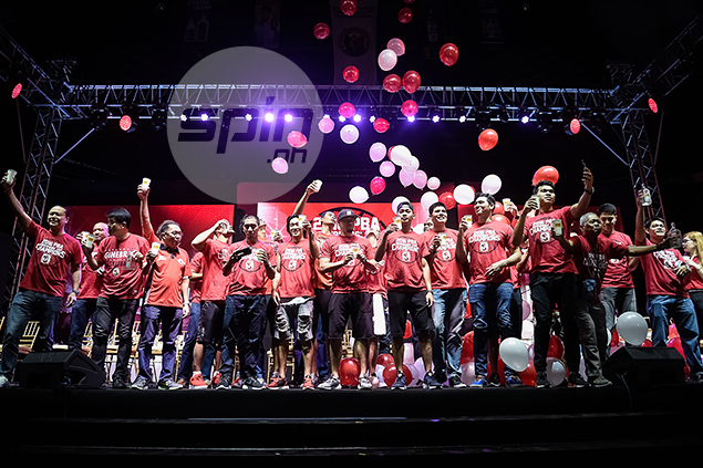 Ginebra players, coaches, staff and officials toast the team's first PBA championship in eight years. Ginebra players, coaches, staff and officials toast the team's first PBA championship in eight years.