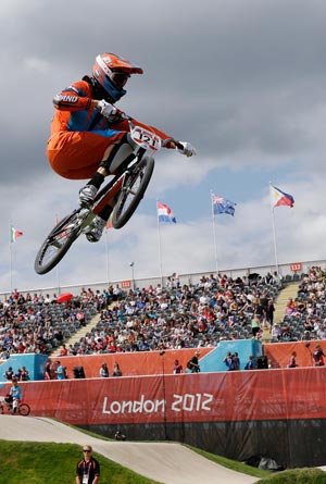 Raymon van der Biezen shows the way in the BMX seeding run. AP