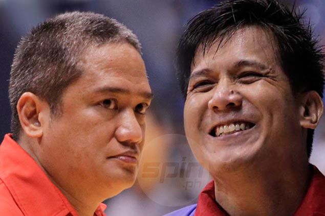 San Beda coach Boyet Fernandez and Arellano&#39;s Jerry Codinera have contrasting views on officiating ahead of the NCAA Finals. - Boyet-Fernandez-Jerry-Codinera-JAscano-100414