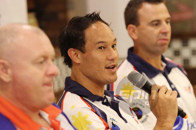 PRFU general manager Matthew Cullen, Philippine Volcanoes team captain Michael Letts and coach Jarred Hodges speak before reporters at the weekly PSA Forum ... - rugbypresscon5