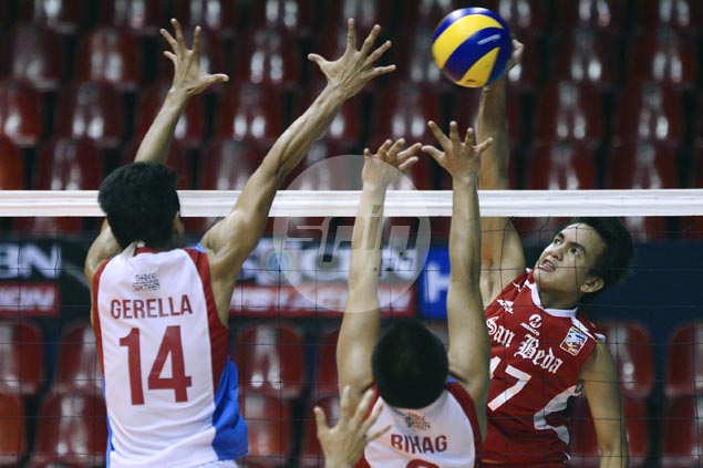 San Beda fights back from two sets down to beat EAC for first win in Spikers Turf
