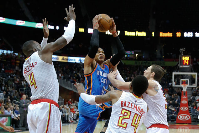 Russell Westbrook posts sixth straight triple-double to lead Thunder past slumping Hawks