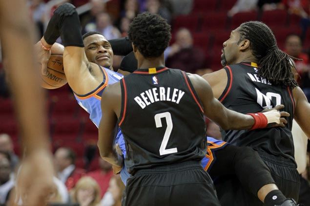 Harden, Nene douse OKC Thunder's furious late rally as Rockets spoil Westbrook's 49-point game