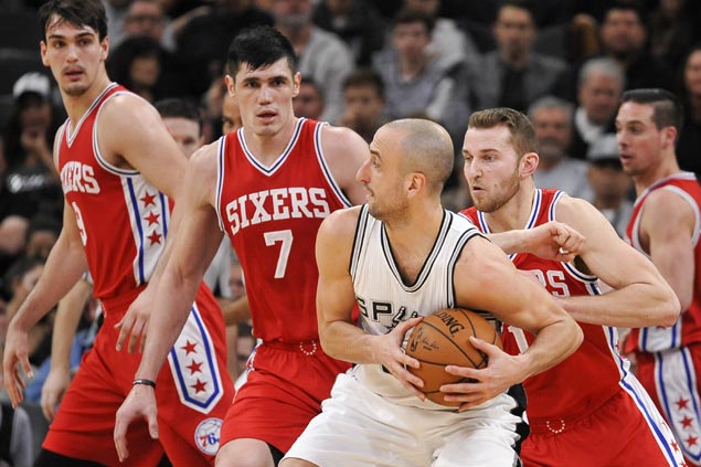 Spurs pull away late to overcome sluggish start, escape upset ax against Sixers