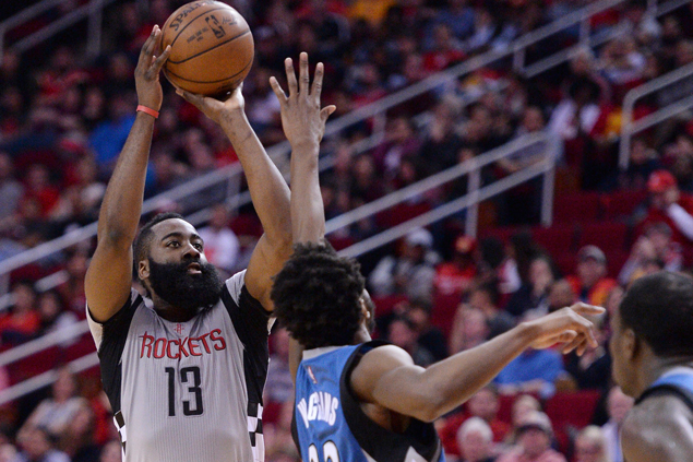 James Harden hits five of Rockets' 22 triples in rout of Timberwolves