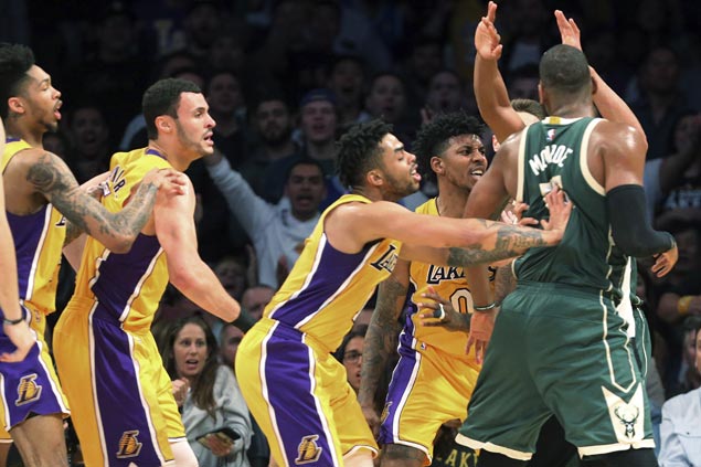 Tempers flare, three players ejected as Bucks hold off Lakers