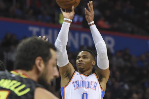 Russell Westbrook hits last-gasp triple to lift Thunder past Hawks
