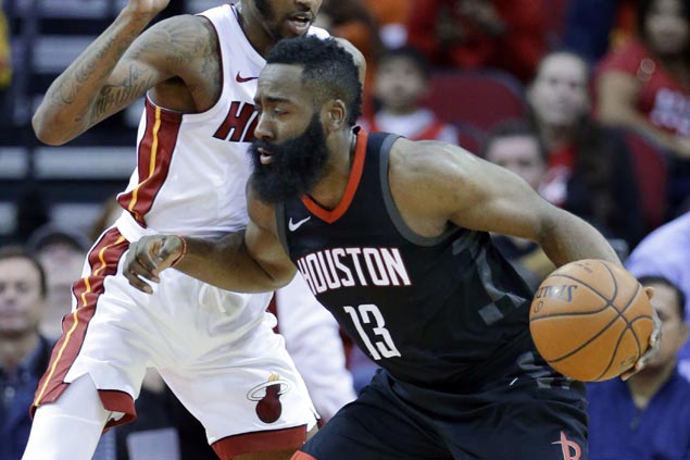 James Harden sparks late blitz as Rockets rally past Heat for third win in a row