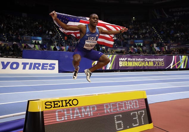 Christian Coleman sets another record with victory in 60m at world athletics indoors