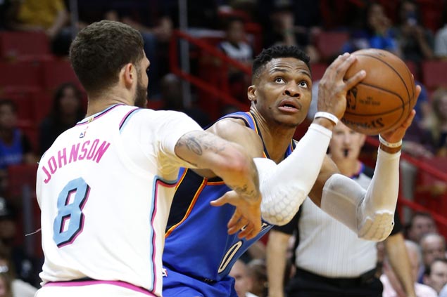 Thunder secure playoff berth as Westbrook posts 25th triple-double of season in rout of Heat