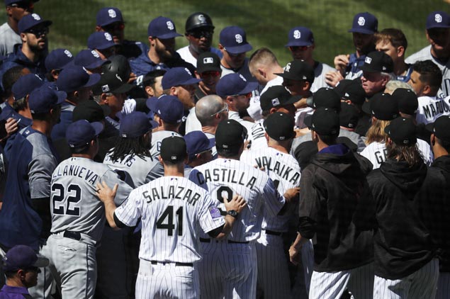 Five ejected from Rockies-Padres game as brawl erupts after Luis Perdomo pitch sails behind Nolan Arenado