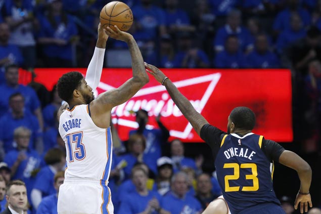 PG13 sets OKC playoff record for triples as Thunder down Jazz in Game One