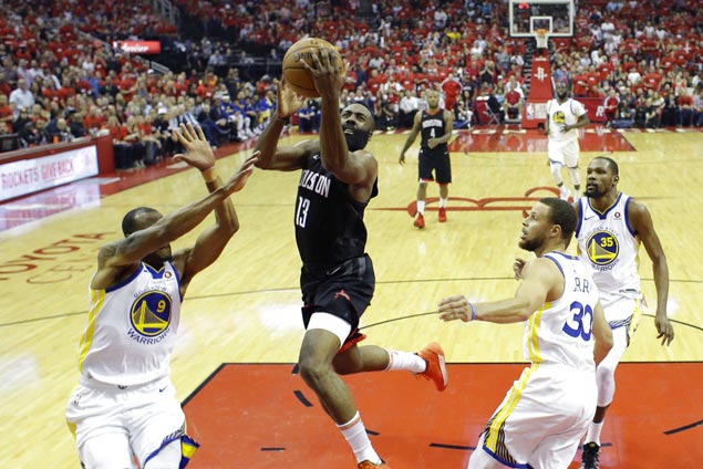 Harden, Gordon lead balanced offense as Rockets rip Warriors to even West finals