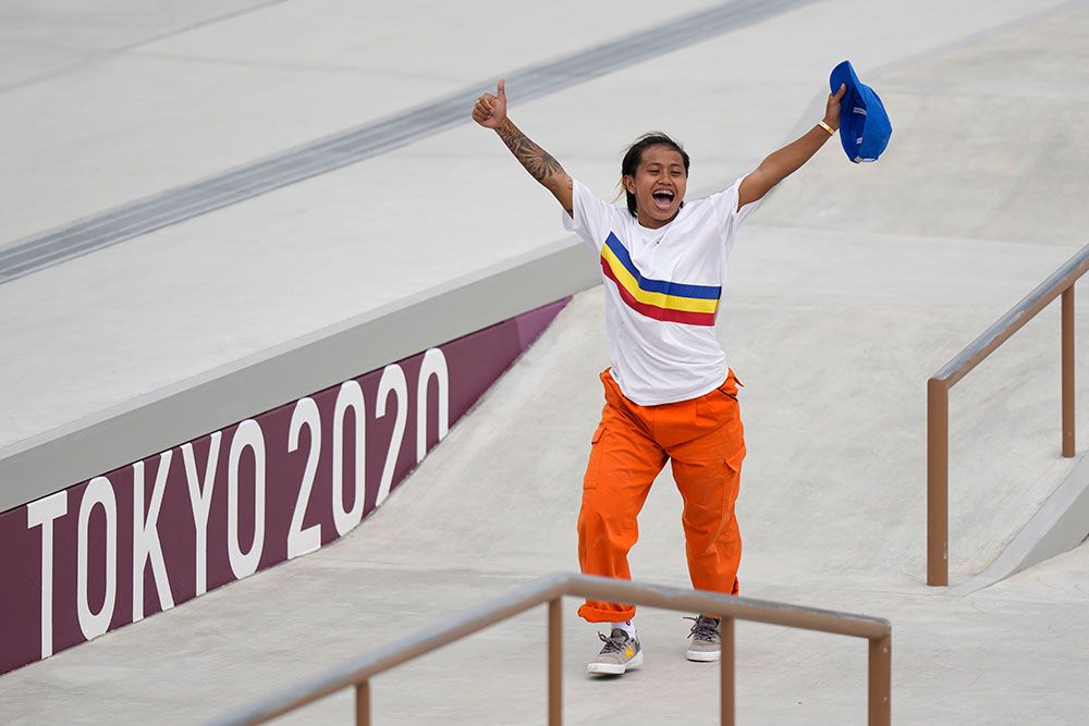 Margielyn Didal celebrates after a heat at the 2020 Tokyo Olympics