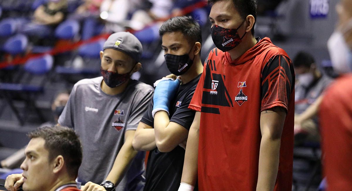 JVee Casio, left, with Mike Ayonayon and Jonjon Gabriel are sidelined by injuries for Blackwater.