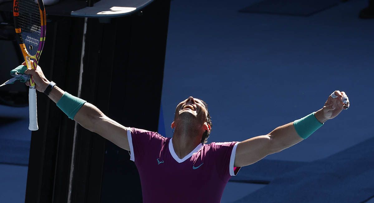 Rafael Nadal celebrates after his victory over fellow left-hander Adrian Mannarino.
