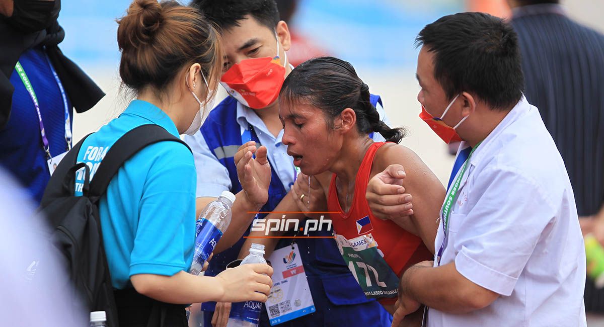 Christine Hallasgo at the end of the women's marathon at the SEA Games.