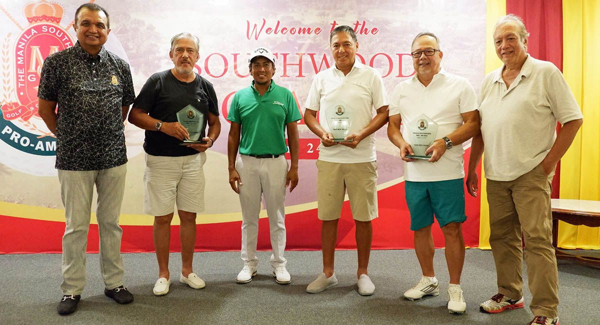 The Manila Southwoods Pro-Am champion team of Juvic Pagunsan, Tito and Maru Sotto, and Bing Lapus receive their plaques from Southwoods chairman Bob Soprepena and director Tito Avencena.