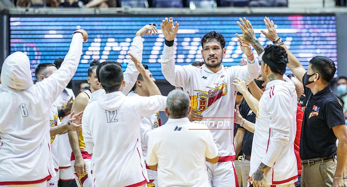 June Mar Fajardo is congratulated by SMB teammates after winning his ninth BPC trophy.
