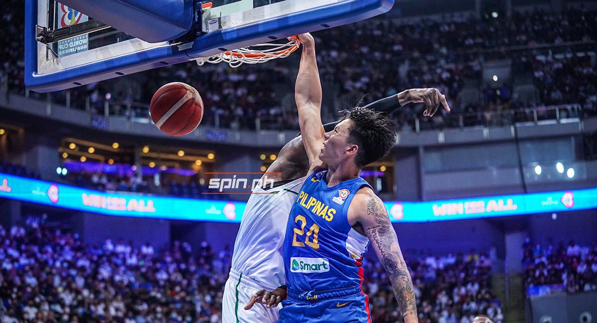 Dwight Ramos dunks on a Saudi Arabian player in their Fiba World Cup Asian qualifier at the MOA Arena.