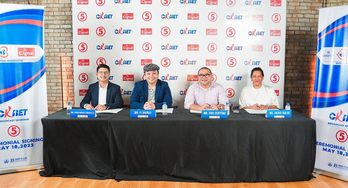 left to right: OKBet Brand Director, Christopher Cañadella; OKBet Assistant Business Director, PertereanBriñas; Cignal TV Vice President for Content Innovations, Solutions, and Channel Sales, Eric Centeno; and TV5 Cluster Head, Jackie Dulog, posing togeth